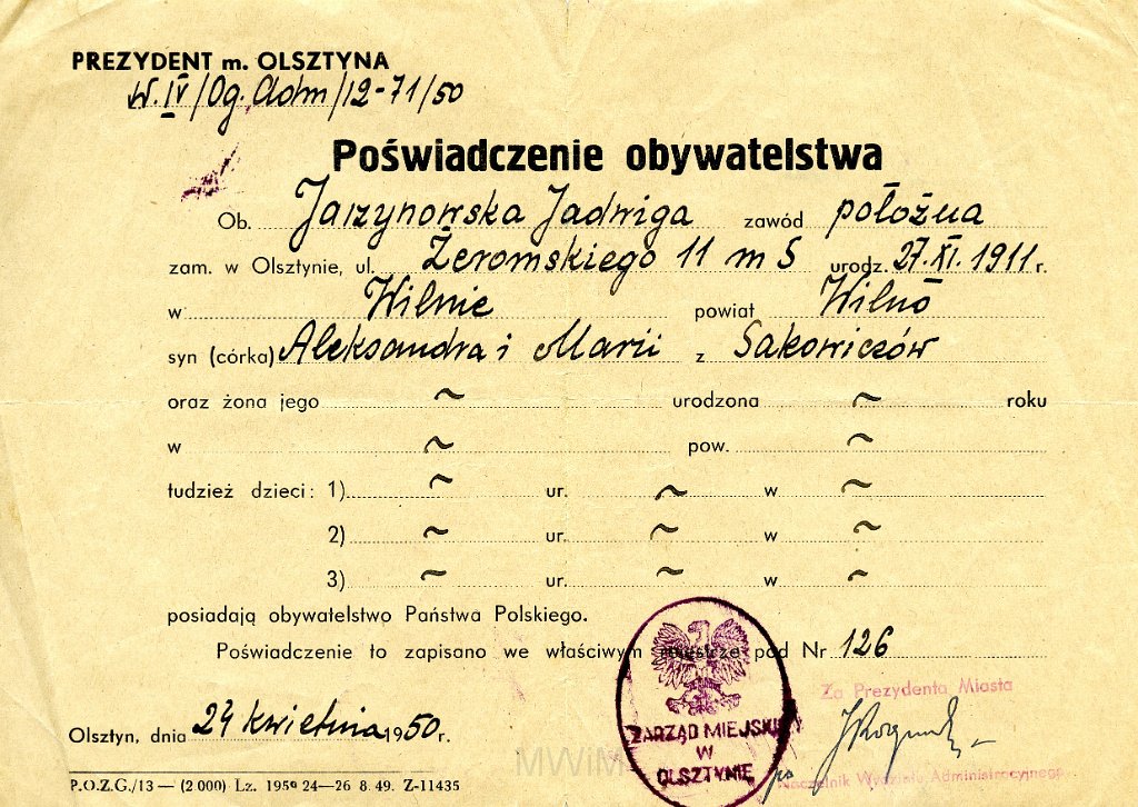 KKE 4603.jpg - Dok. Poświadczenie obywatelskie dla Jadwigi Jarzynowskiej (z domu Siemaszko), Olsztyn, 24 IV 1950 r.